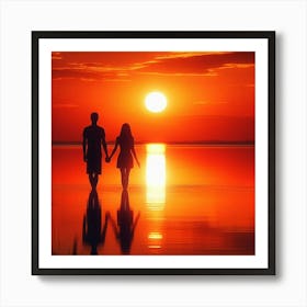 Couple Holding Hands At Sunset Art Print