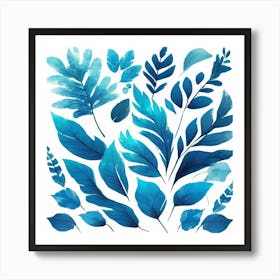 Blue Watercolor Leaves 1 Art Print