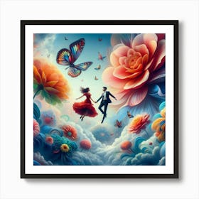 Couple Flying In The Clouds Art Print