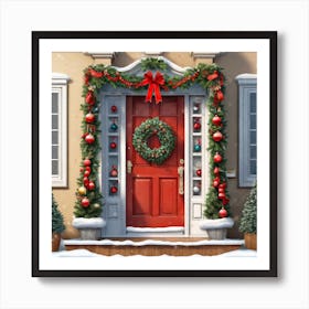 Christmas Decoration On Home Door Ultra Hd Realistic Vivid Colors Highly Detailed Uhd Drawing (1) Art Print