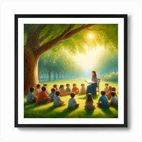 Storytime Under The Tree Wall Print Art A Charming Scene Of A Teacher Reading To Children Outdoors, Perfect For Fostering A Love Of Learning And Nature In Any School Space Art Print