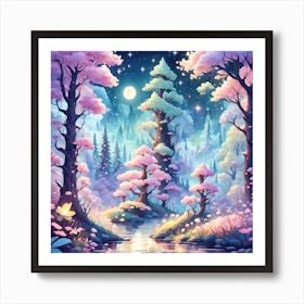 A Fantasy Forest With Twinkling Stars In Pastel Tone Square Composition 38 Art Print