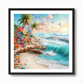 Beach Scene With Palm Trees Art Print