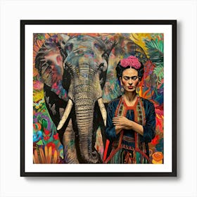 Frida Kahlo and an Elephant. Animal Conservation Series Art Print