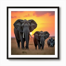 Sunset With Elephants Póster