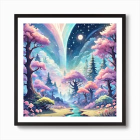 A Fantasy Forest With Twinkling Stars In Pastel Tone Square Composition 457 Art Print