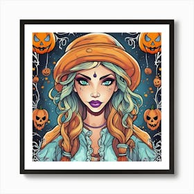 Halloween Girl With Pumpkins 1 Art Print