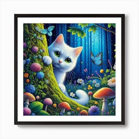 White Cat In The Forest Art Print