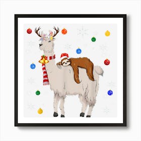 Santa Sloth Riding Llama Reindeer Christmas Love Santa Art Print