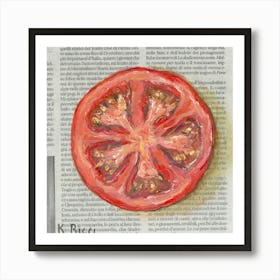 Tomato Half Slice On Newspaper Vegetable Fruit Kitchen Food Rustic Decoration Art Print