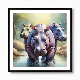 Three Hippopotamus in Water Watercolor Art Print