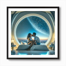 Couple Kissing In Space Art Print