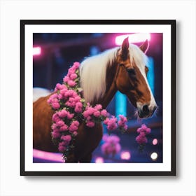 Pink Horse With Flowers Art Print