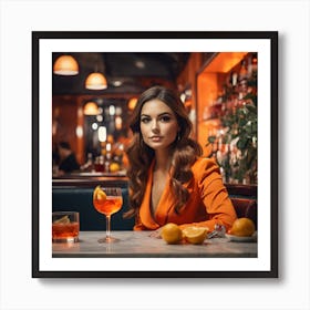 Beautiful Woman In Orange Dress In A Bar 1 Art Print