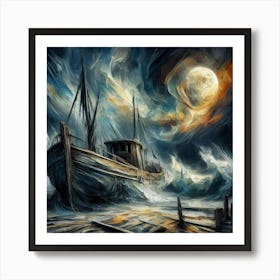 "Greg Rutkowski's Masterpiece: A Forgotten Fishing Boat Whispers Tales in Moonlit Waves | ArtStation Trending, Oil Painting with Bold Strokes and Intricate Details. Art Print