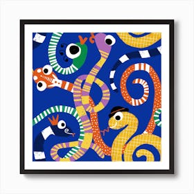 Cute Crazy Snakes Electric Blue Art Print