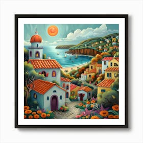 Village By The Sea, Naive, Whimsical, Folk Art Print