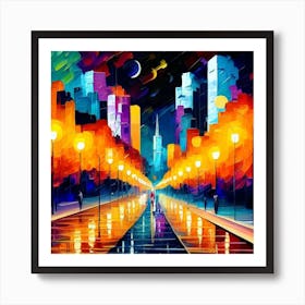 A visually stunning and abstract art print portraying the vibrant energy of a bustling cityscape at night. This contemporary and dynamic art print is perfect for urban enthusiasts and modern decor, adding a touch of metropolitan sophistication to any living space Art Print