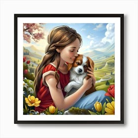 Girl And Dog In Springtime Bliss Art Print