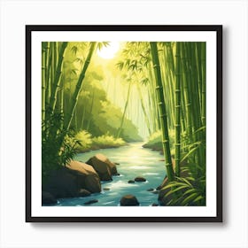 A Stream In A Bamboo Forest At Sun Rise Square Composition 12 Art Print