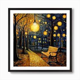 Park Bench At Night 1 Art Print