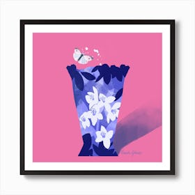 Blue And White Floral Vase On Pink Square Art Print