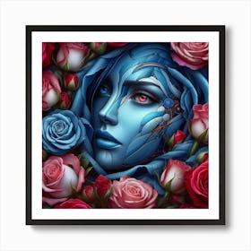 Blue Face With Roses Art Print