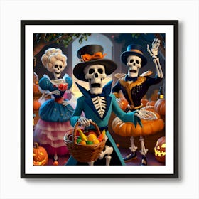 Three Skeletons In Costumes Holding Pumpkins And A Basket Art Print