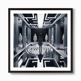 Join 3d Characters As They Navigate An Abstract Infinite Mirrored Labyrinth 1 Art Print