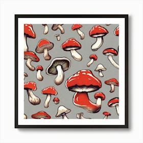 Red Mushrooms On A Gray Background Art Print