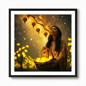 Asian Woman Holding A Basket Art Print