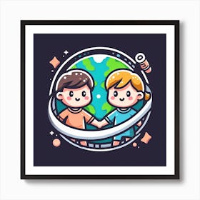 Couple Of Kids Holding Hands In Space Art Print