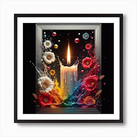 A lit candle inside a picture frame surrounded by flowers Art Print