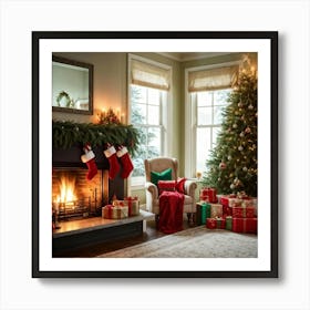 A Convivial Christmas Scene A Roaring Hearth Fireplace Illuminating The Room A Lush Evergreen Chri (6) Art Print