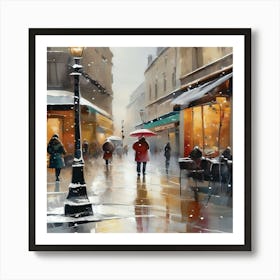 Paris cafes, winter season, Christmas, pale colors, pedestrians in the street, winter clothes, falling snow.2 Art Print