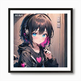 A girl having blue eyes and black-pink hair, wearing a black jacket, vibing with her headphone. Art Print