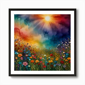 Radiant Bloomscape: Sunset In The Meadow Art Print