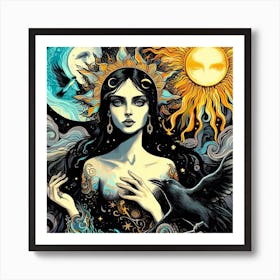 Crow Moon Sun And Maiden Art Print