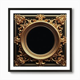 A golden frame with intricate carvings in the shape of leaves and flowers. The frame has a dark background, which makes the gold stand out. The frame is in the center of the image, and it is surrounded by a black background. Art Print