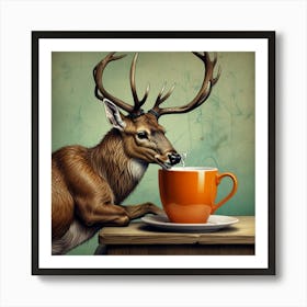 Deer Drinking Coffee Art Print