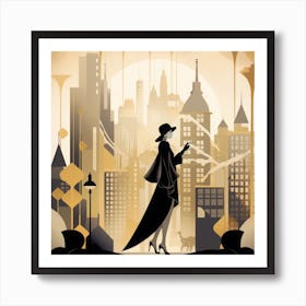 Art Deco inspired illustration of a woman wearing a fur coat and a cloche hat Art Print
