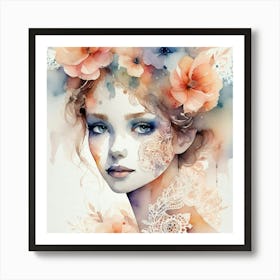 Watercolor Of A Girl With Flowers 8 Art Print