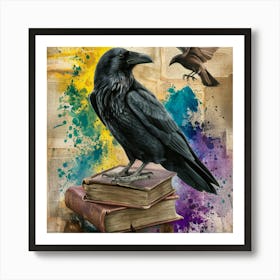 Raven And Book A captivating artwork that blends elements of nature and literature. Dominating the center is a detailed, black raven perched atop an old, worn-out book. The book itself is open, revealing its aged pages. Surrounding the raven and book are splatters of paint in vibrant hues of yellow, blue, and purple. To the right, a smaller bird is captured in mid-flight, adding a dynamic touch to the composition. The background is a textured canvas of faded, distressed paper, possibly pages from an old book, with faint, cursive writing visible. The entire scene exudes a sense of mystery, history, and the passage of time., dark fantasy, vibrant, painting Art Print