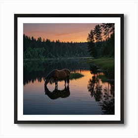 Horse Drinking Water At Sunset 1 Art Print