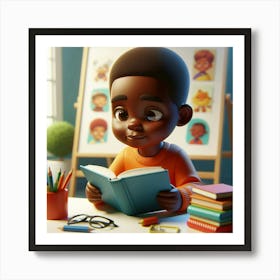 African American 6 years reading book 3D ART 3 Art Print