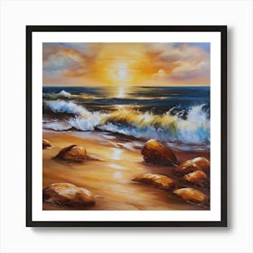 The sea. Beach waves. Beach sand and rocks. Sunset over the sea. Oil on canvas artwork.37 Art Print