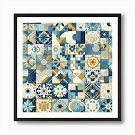 Tile Collage: A Colorful and Mosaic Wall Art Piece with Blue, White, and Yellow Tiles Art Print