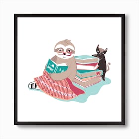 Hygge sloth // winter cozy cute animal reading kids room nursery with cat Art Print