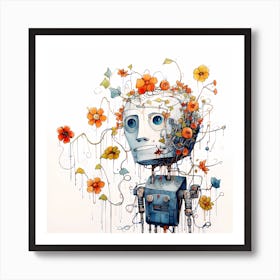 Robot With Flowers Art Print