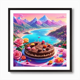 Birthday Cake With Beautiful Landscape Art Print